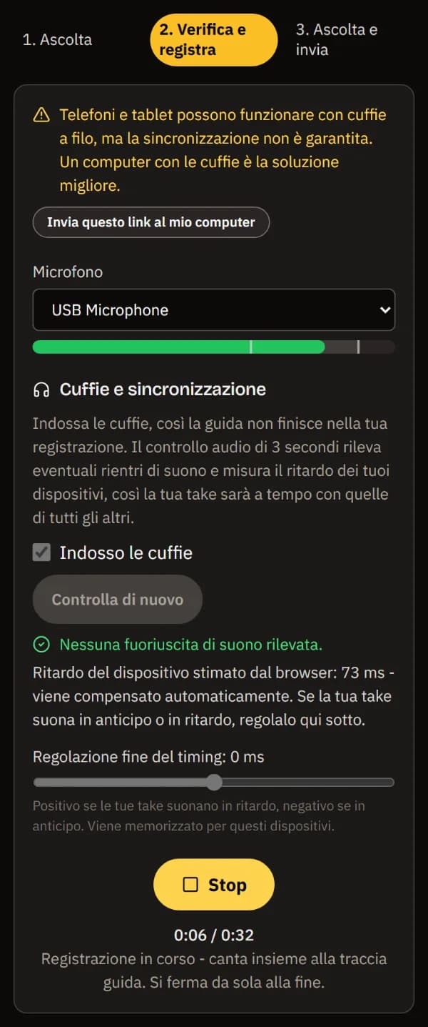Registrazione su un telefono: Stop, il tempo cantato dei 32 secondi della guida e Registrazione in corso - canta insieme alla traccia guida.