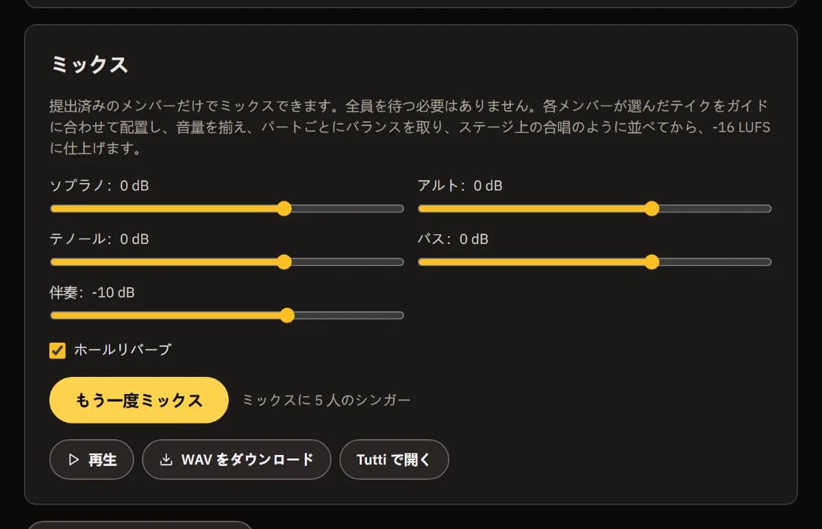 ミックスパネル：パートごとと伴奏の音量、ホールリバーブ、ミックスに 5 人のシンガー、「再生」「WAV をダウンロード」「TuttiDAW で開く」。