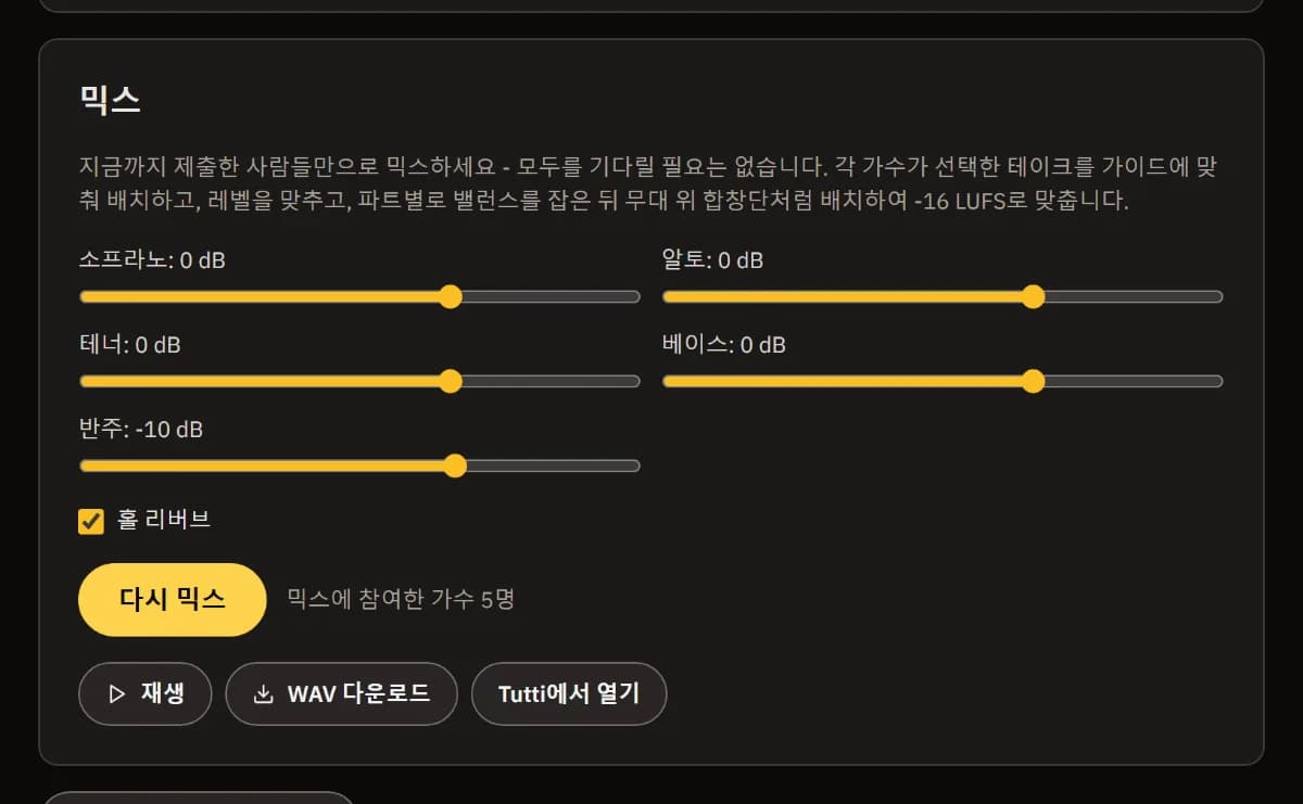 믹스 패널: 파트별·반주 레벨, 홀 리버브, 믹스에 참여한 가수 5명, 「재생」「WAV 다운로드」「TuttiDAW에서 열기」.