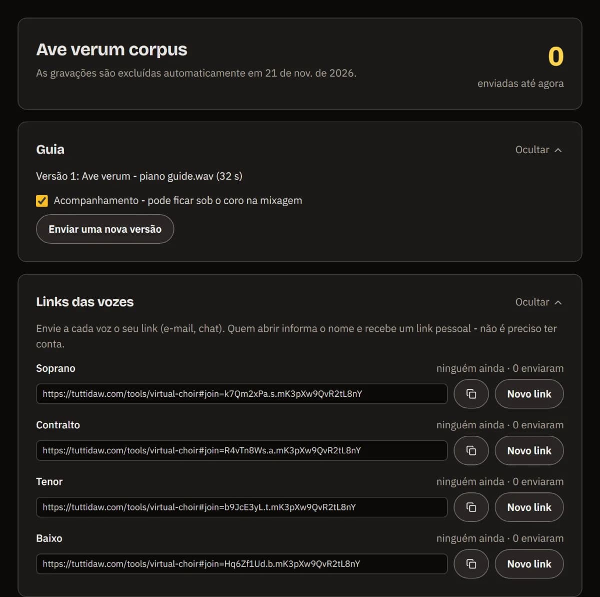 O painel de Ave verum corpus: 0 enviadas até agora, a guia na versão 1 e um link com botão de copiar para cada uma das quatro vozes.