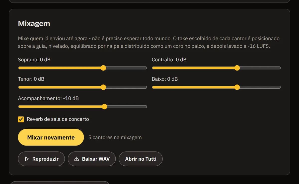 O painel Mixagem: um nível por voz e para o acompanhamento, Reverb de sala de concerto, 5 cantores na mixagem, e Reproduzir, Baixar WAV e Abrir no TuttiDAW.