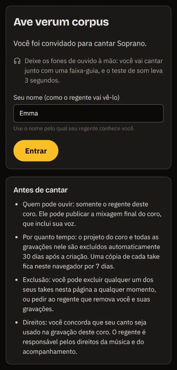 O link do Soprano em um celular: Ave verum corpus, o lembrete de deixar os fones à mão, o nome Emma e Entrar.