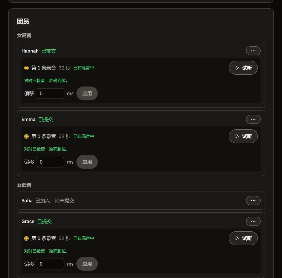 按声部排列的团员：女高音有 Hannah 和 Emma，女低音有 Sofia（已加入，尚未提交）和 Grace，每条录音都已在混音中且对时准确到位。