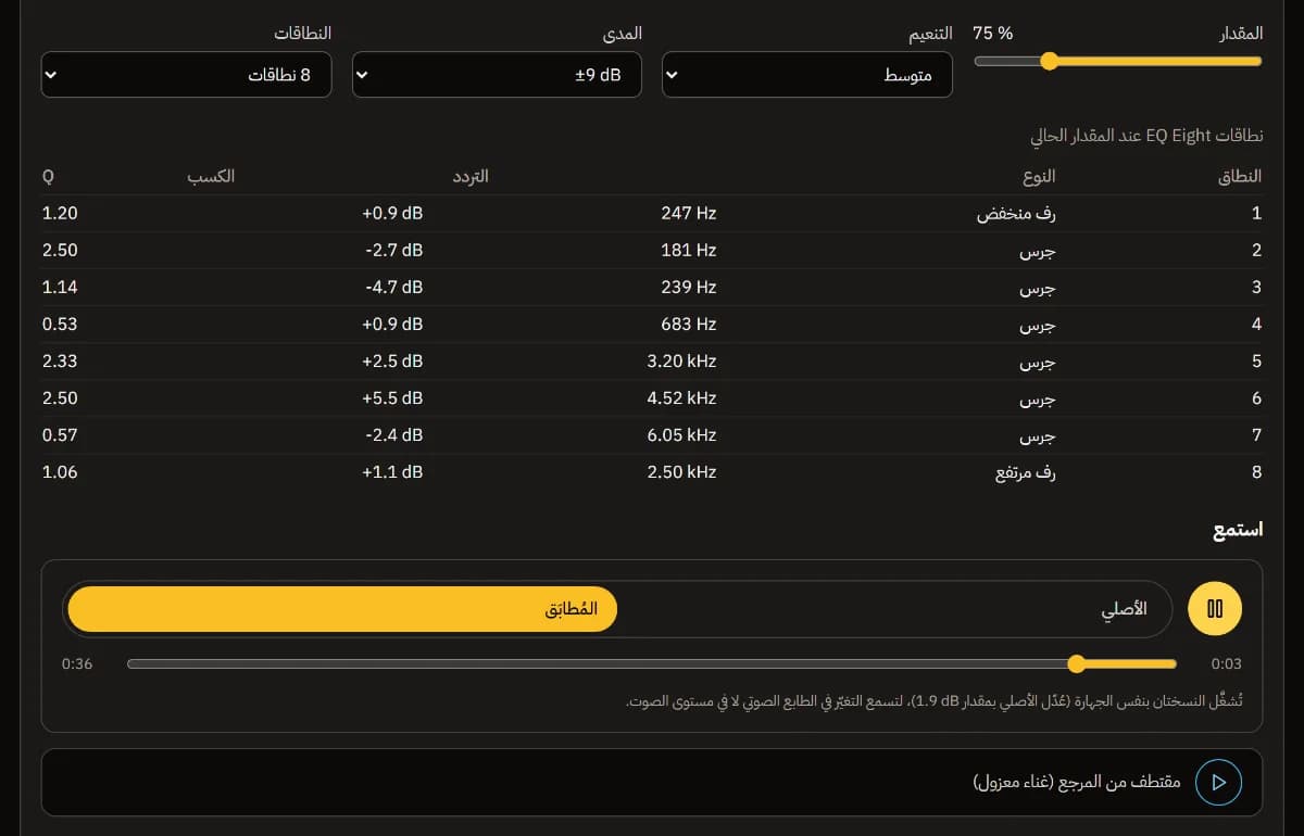 المقدار عند ⁦75 %⁩، والتنعيم متوسط، والمدى ⁦±9 dB⁩، و8 نطاقات، ومشغّل A/B على جهة المُطابَق ومقتطف المرجع أسفله.
