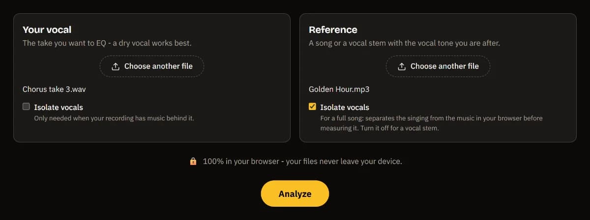Vocal Match EQ with Chorus take 3.wav as your vocal and Golden Hour.mp3 as the reference, Isolate vocals ticked for the reference, and the Analyze button.