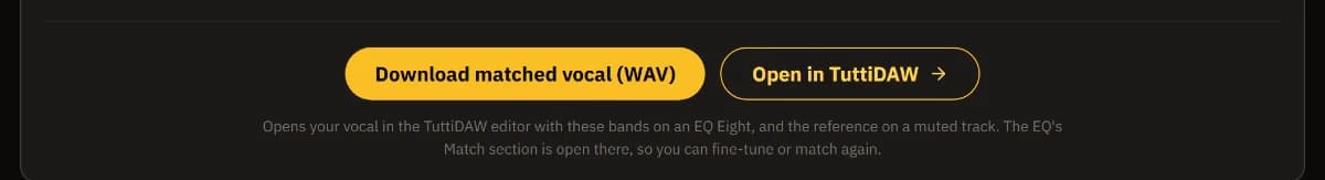The Download matched vocal (WAV) and Open in TuttiDAW buttons, with a note that the EQ's Match section opens in the editor.