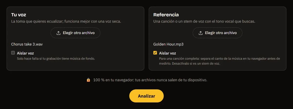 EQ de voz por referencia con Chorus take 3.wav como tu voz y Golden Hour.mp3 como referencia, Aislar voz marcado en la referencia y el botón Analizar.