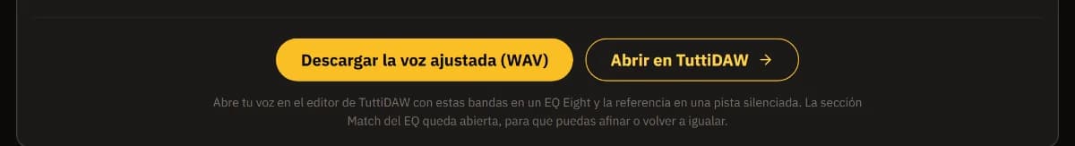 Los botones Descargar la voz ajustada (WAV) y Abrir en TuttiDAW, con una nota de que la sección Match del EQ se abre en el editor.