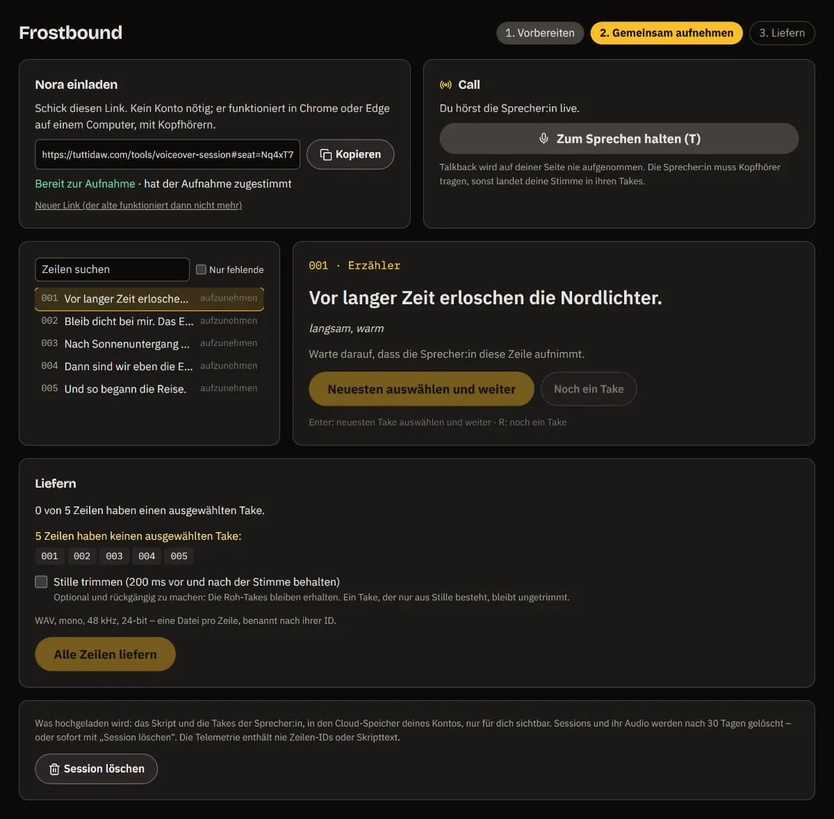 Die Frostbound-Session: der Einladungslink für Nora mit bereit zur Aufnahme, der Call mit Zum Sprechen halten, Zeile 001 dran und fünf Zeilen offen.