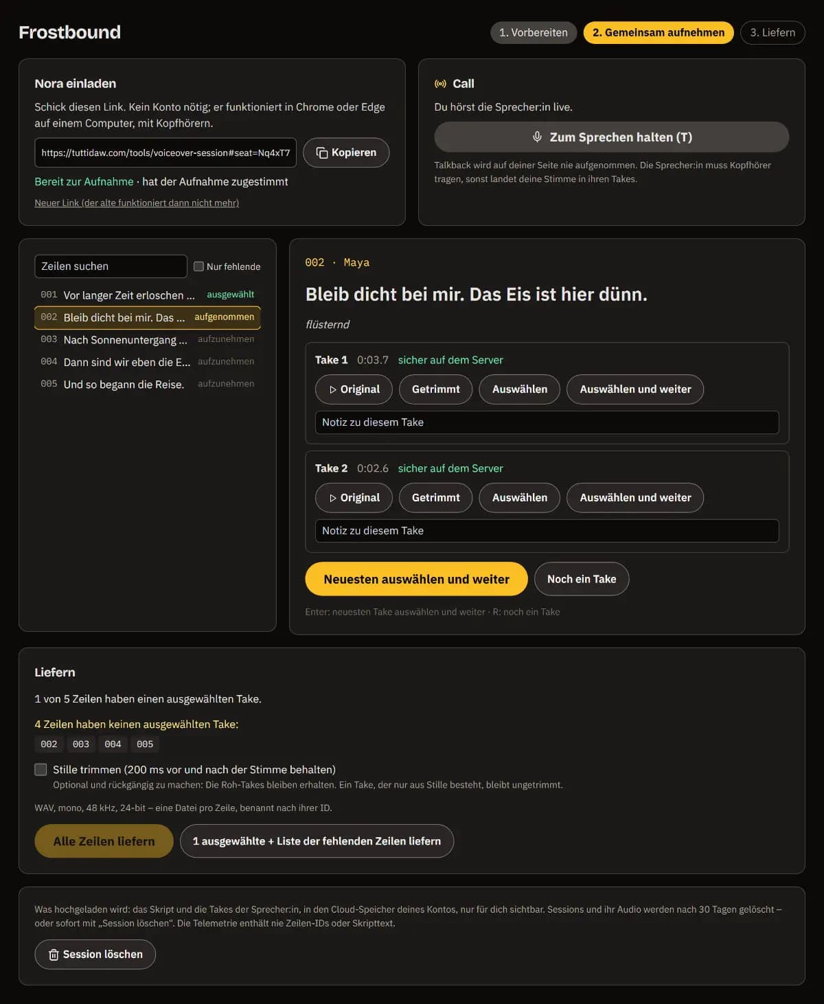 Zeile 002 (Maya, flüsternd) mit zwei Takes sicher auf dem Server, jeweils mit Original, Gekürzt, Auswählen und Auswählen und weiter.