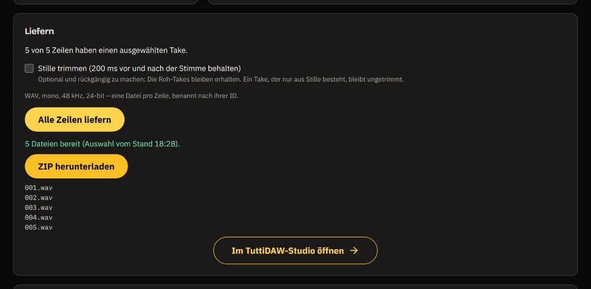 Liefern: 5 von 5 Zeilen ausgewählt, 5 Dateien bereit, ZIP herunterladen, 001.wav bis 005.wav und In TuttiDAW Studio öffnen.