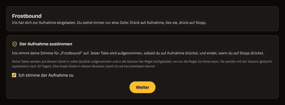 Iris lädt dich zur Aufnahme von Frostbound ein: der Aufnahme zugestimmt, angehakt, und Weiter.