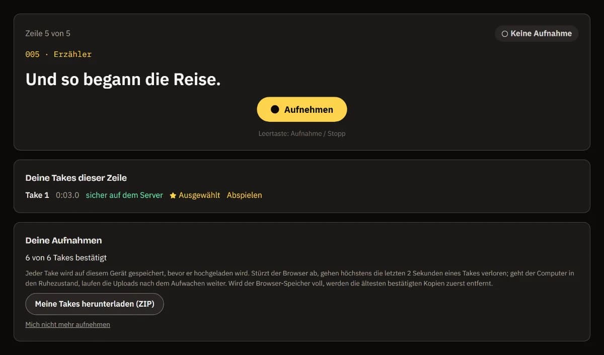 Zeile 5 von 5 mit ausgewähltem Take, 6 von 6 Takes bestätigt und Meine Takes herunterladen (ZIP).