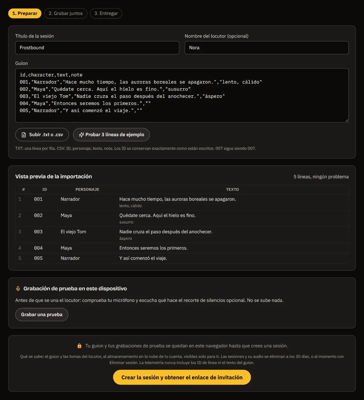 Preparación de Frostbound: la locutora Nora, un guion CSV de cinco líneas y la vista previa de las líneas 001 a 005 con personajes y notas, sin problemas.