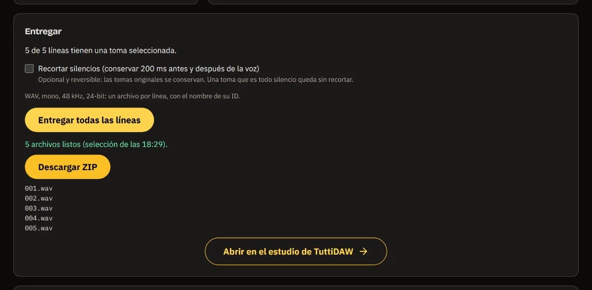 Entrega: 5 de 5 líneas elegidas, 5 archivos listos, Descargar ZIP, de 001.wav a 005.wav y Abrir en el estudio TuttiDAW.