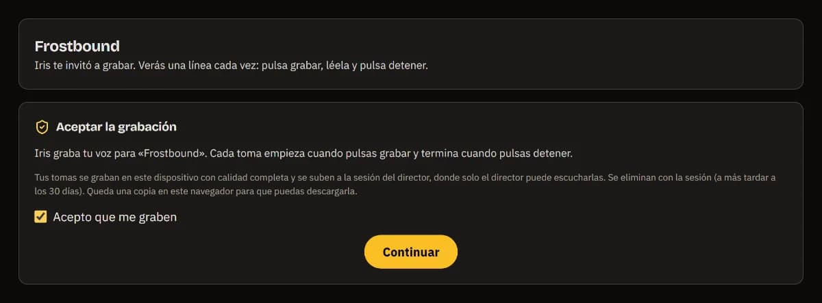 Iris te invita a grabar Frostbound: el acuerdo para ser grabado, marcado, y Continuar.