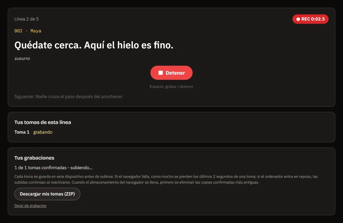 Línea 2 de 5, Maya: «Quédate cerca. Aquí el hielo es fino.» - susurro, con REC en marcha y Detener.