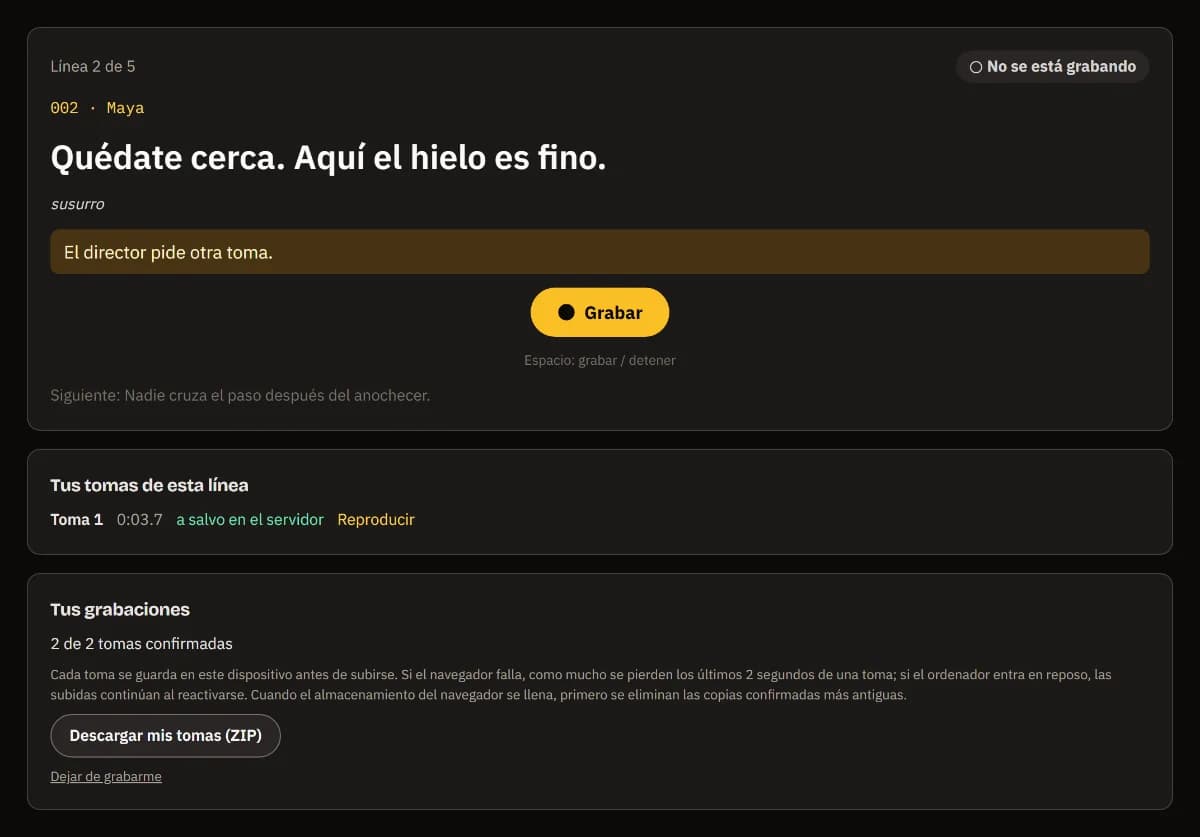 El director pide otra toma, Grabar, la toma 1 segura en el servidor y 2 de 2 tomas confirmadas.