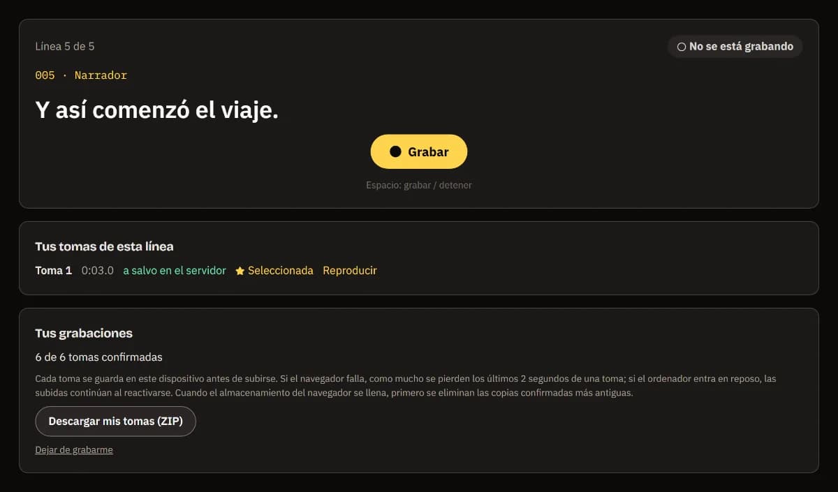 Línea 5 de 5 con su toma elegida, 6 de 6 tomas confirmadas y Descargar mis tomas (ZIP).