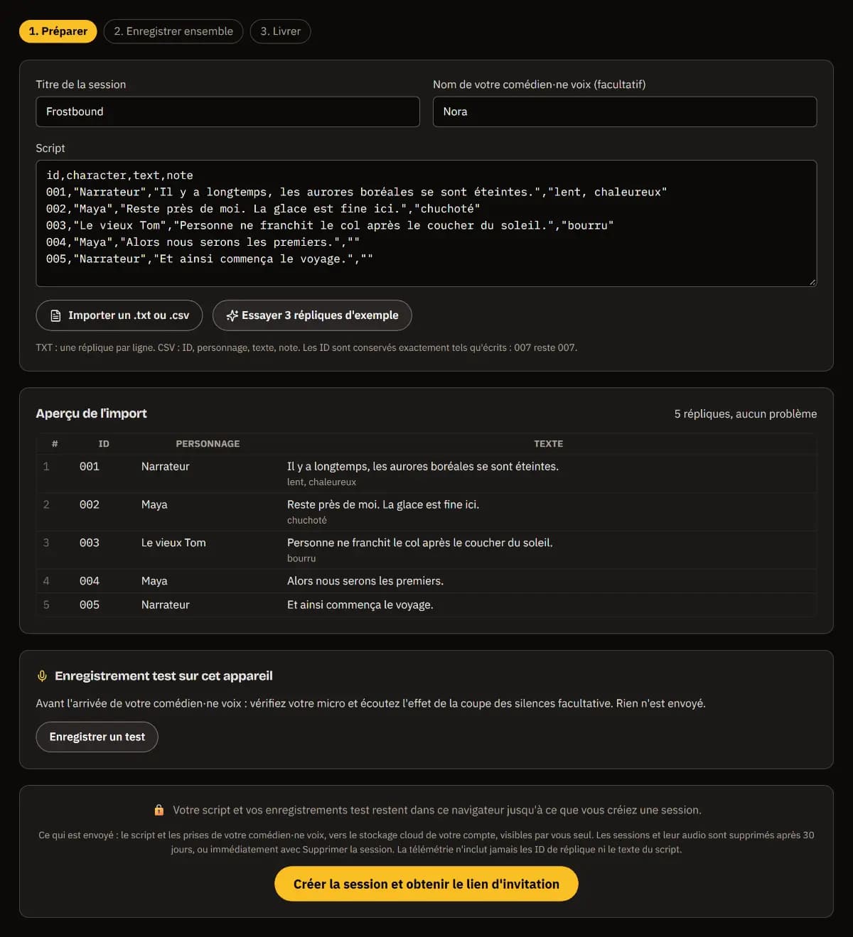 Préparation de Frostbound : la comédienne voix Nora, un script CSV de cinq lignes et l’aperçu d’import des lignes 001 à 005 avec personnages et notes - aucun problème.