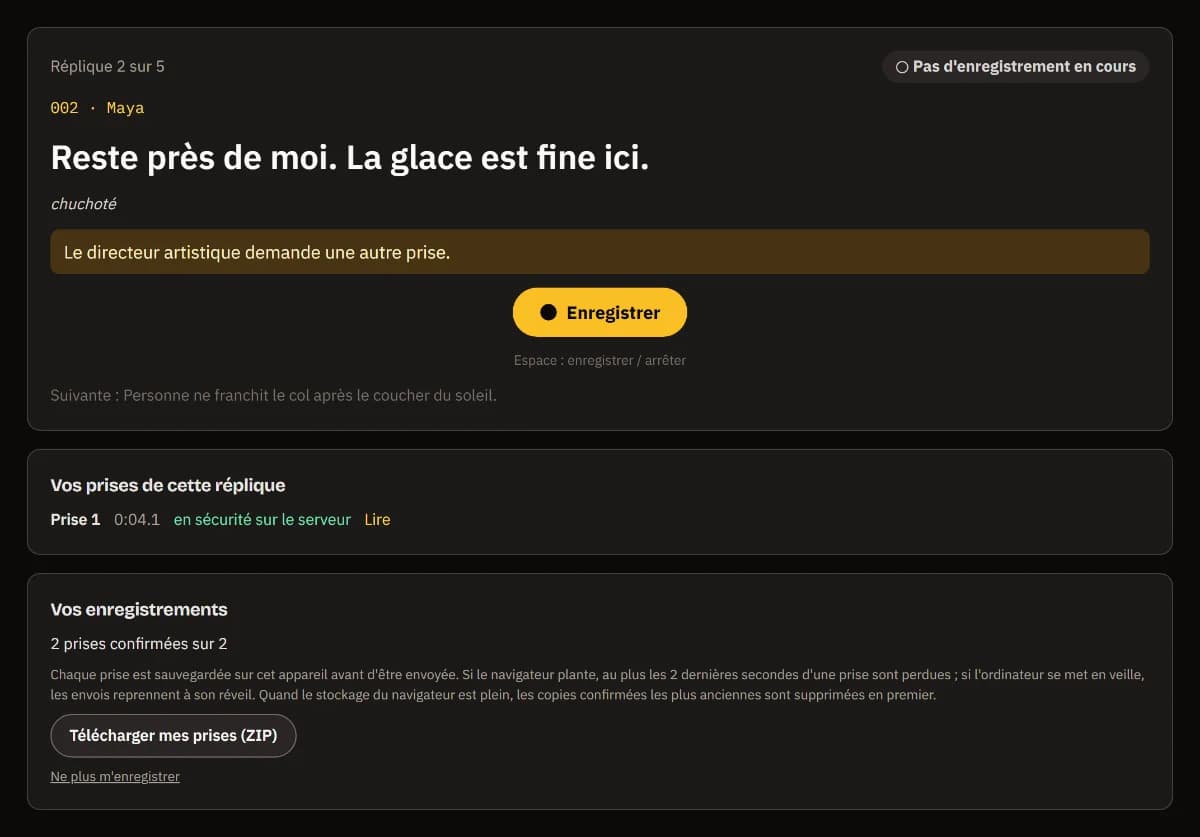 Le directeur demande une autre prise, Enregistrer, la prise 1 en sécurité sur le serveur et 2 prises confirmées sur 2.