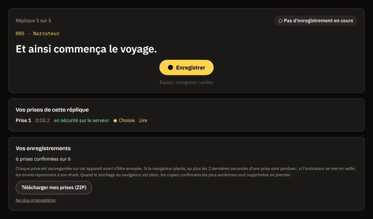 Ligne 5 sur 5 avec sa prise choisie, 6 prises confirmées sur 6 et Télécharger mes prises (ZIP).