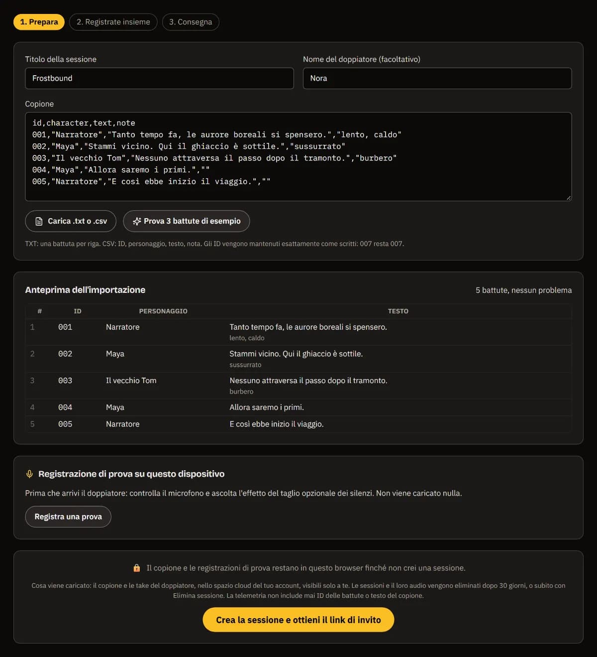 Preparazione di Frostbound: la doppiatrice Nora, un copione CSV di cinque righe e l’anteprima di importazione delle righe da 001 a 005 con personaggi e note - nessun problema.
