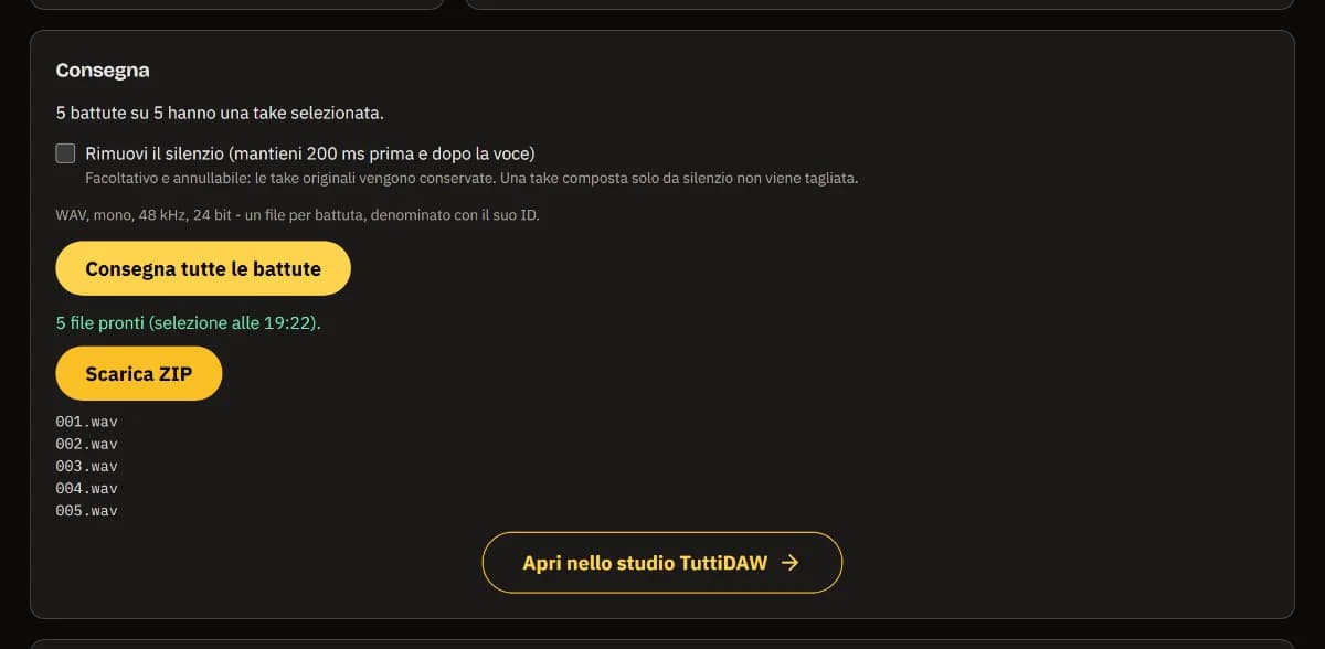 Consegna: 5 righe su 5 scelte, 5 file pronti, Scarica ZIP, da 001.wav a 005.wav e Apri nello studio TuttiDAW.