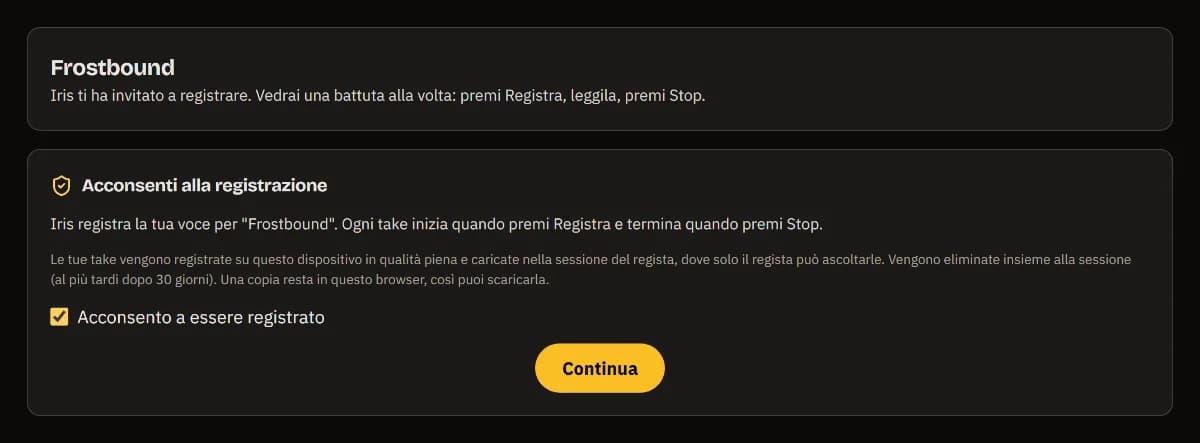 Iris ti invita a registrare Frostbound: il consenso alla registrazione spuntato e Continua.