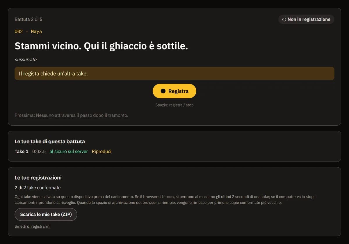 Il direttore chiede un’altra take, Registra, la take 1 al sicuro sul server e 2 take confermate su 2.