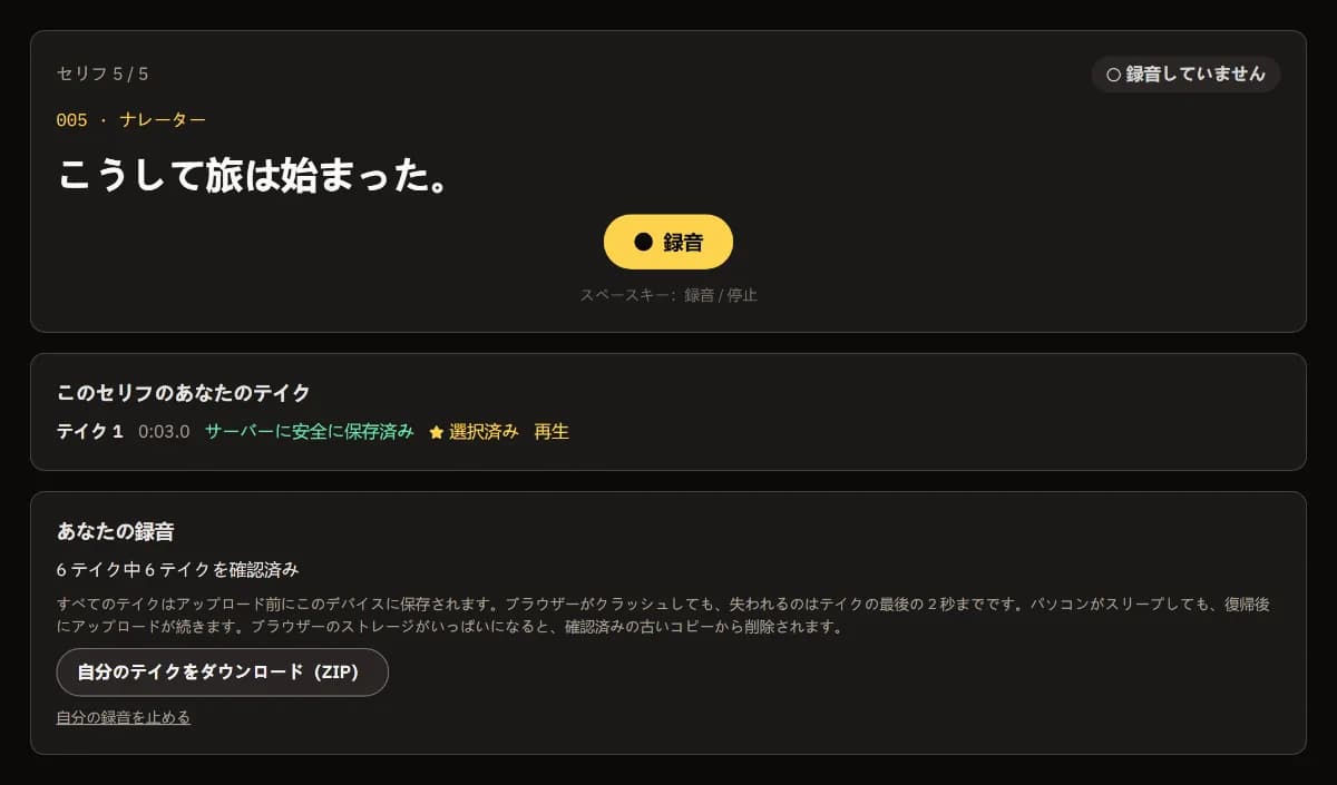 セリフ 5/5 のテイクは選択済み、6 テイク中 6 テイクを確認済み、自分のテイクをダウンロード（ZIP）。
