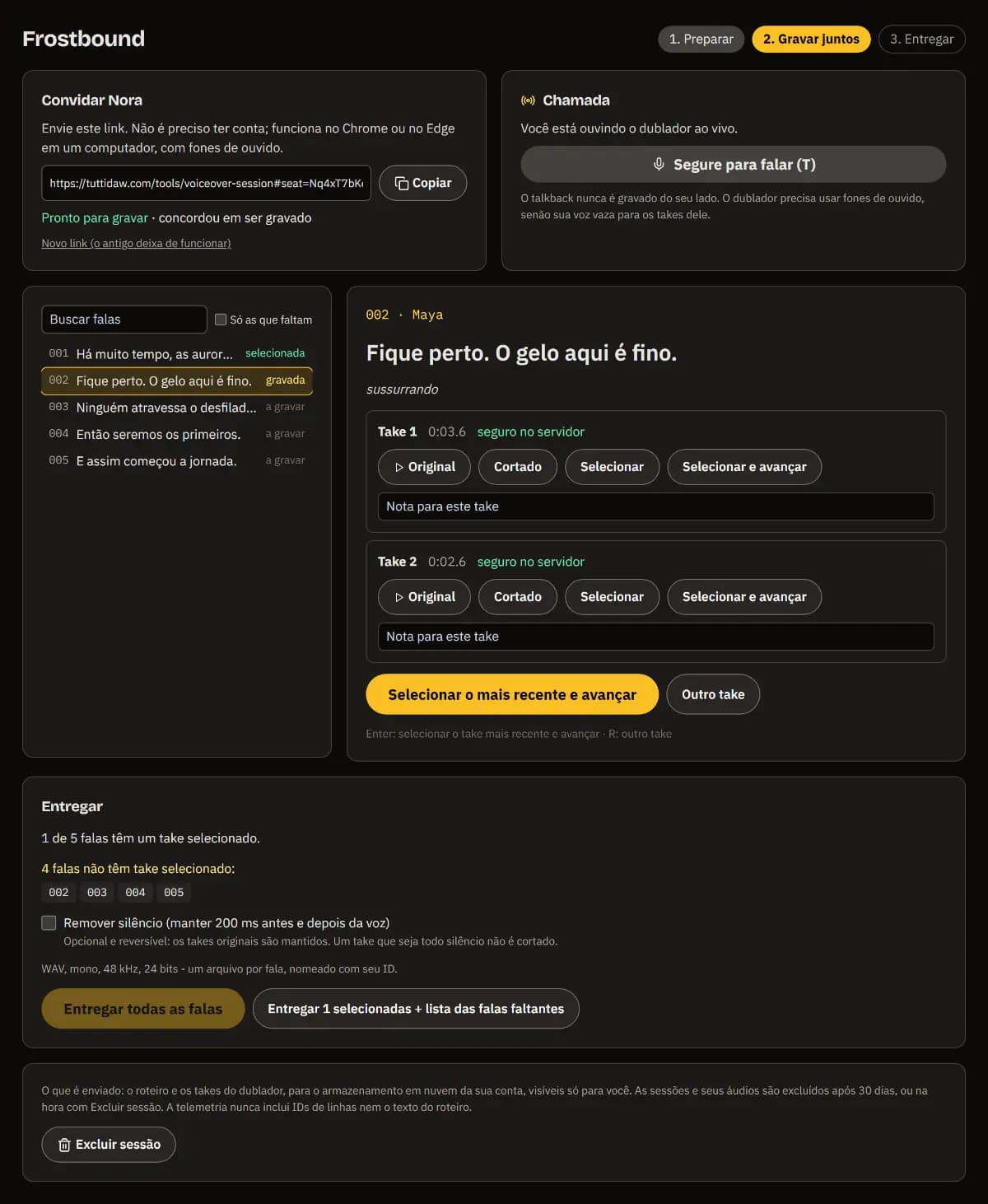 Fala 002 (Maya, sussurrando) com dois takes seguros no servidor, cada um com Original, Cortado, Escolher e Escolher e seguir.