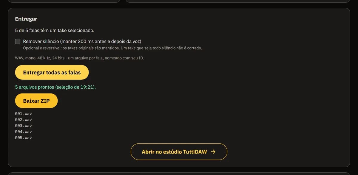 Entrega: 5 de 5 falas escolhidas, 5 arquivos prontos, Baixar ZIP, 001.wav a 005.wav e Abrir no estúdio TuttiDAW.