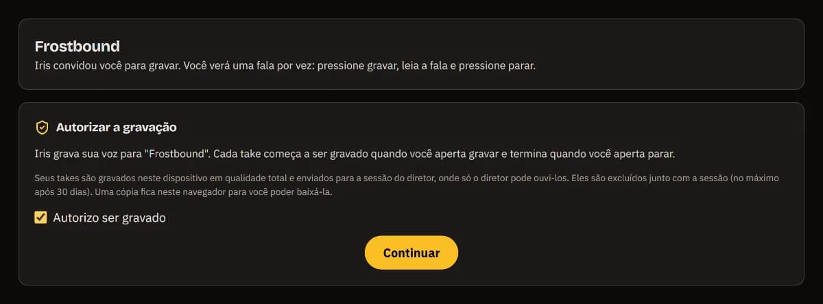 Iris convida você para gravar Frostbound: a concordância em ser gravado marcada e Continuar.