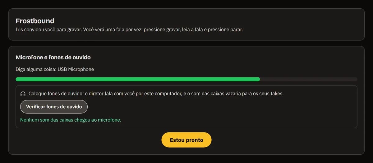 Microfone e fones: USB Microphone com seu nível, nenhum som das caixas no microfone e Estou pronto.