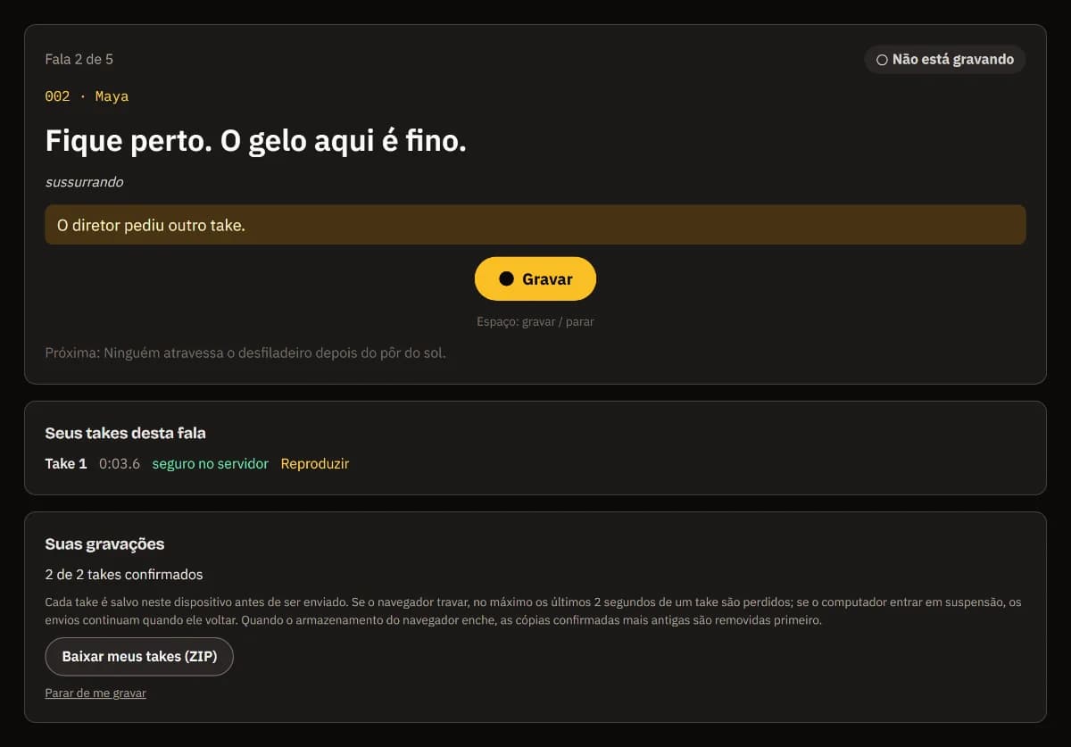 O diretor pede outro take, Gravar, o take 1 seguro no servidor e 2 de 2 takes confirmados.