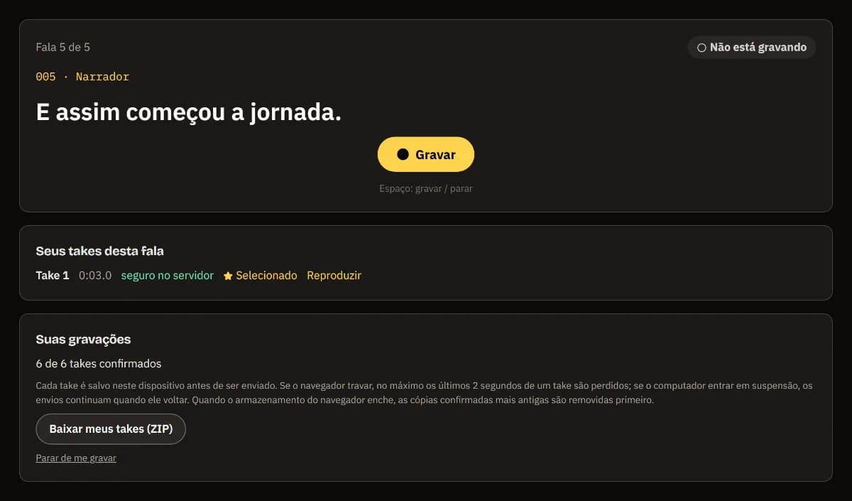 Fala 5 de 5 com o take escolhido, 6 de 6 takes confirmados e Baixar meus takes (ZIP).