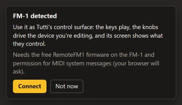 The “FM-1 detected” card with Connect and Not now.