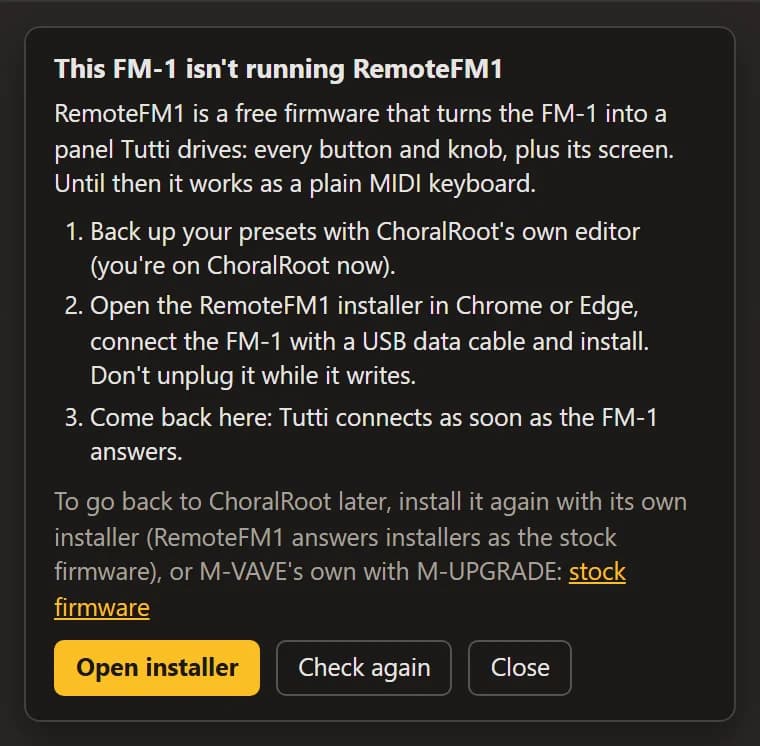 The card for an FM-1 that isn't running RemoteFM1: three install steps, how to go back, Open installer and Check again.