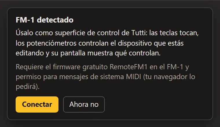 La tarjeta «FM-1 detectado» con Conectar y Ahora no.