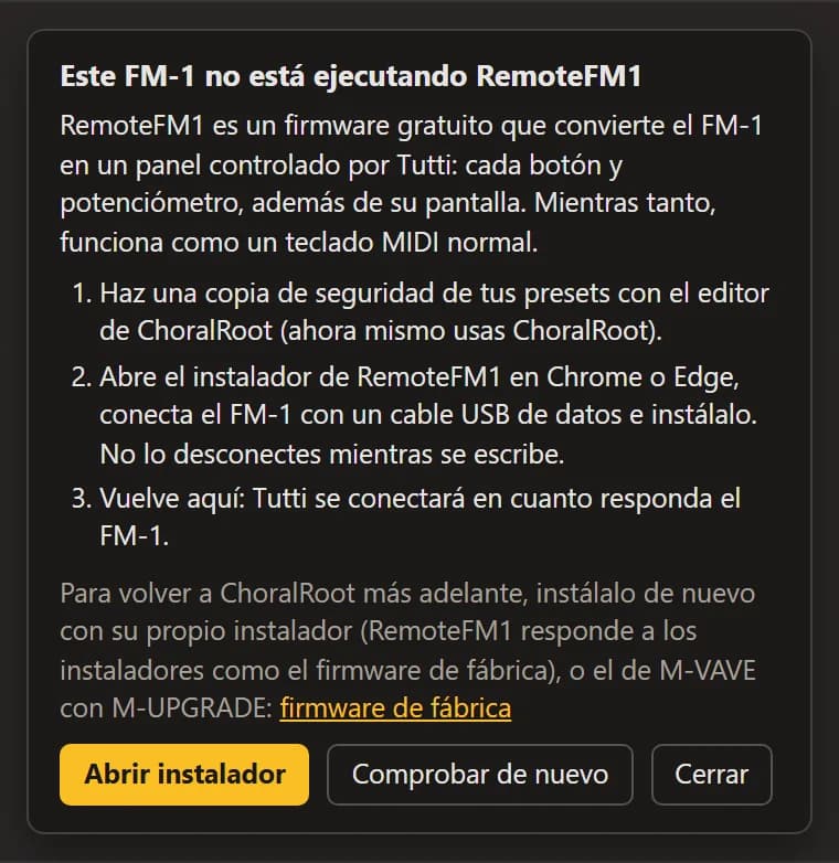 La tarjeta de un FM-1 que no está ejecutando RemoteFM1: tres pasos de instalación, cómo volver atrás, Abrir instalador y Comprobar de nuevo.