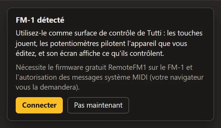 La carte « FM-1 détecté » avec « Connecter » et « Pas maintenant ».