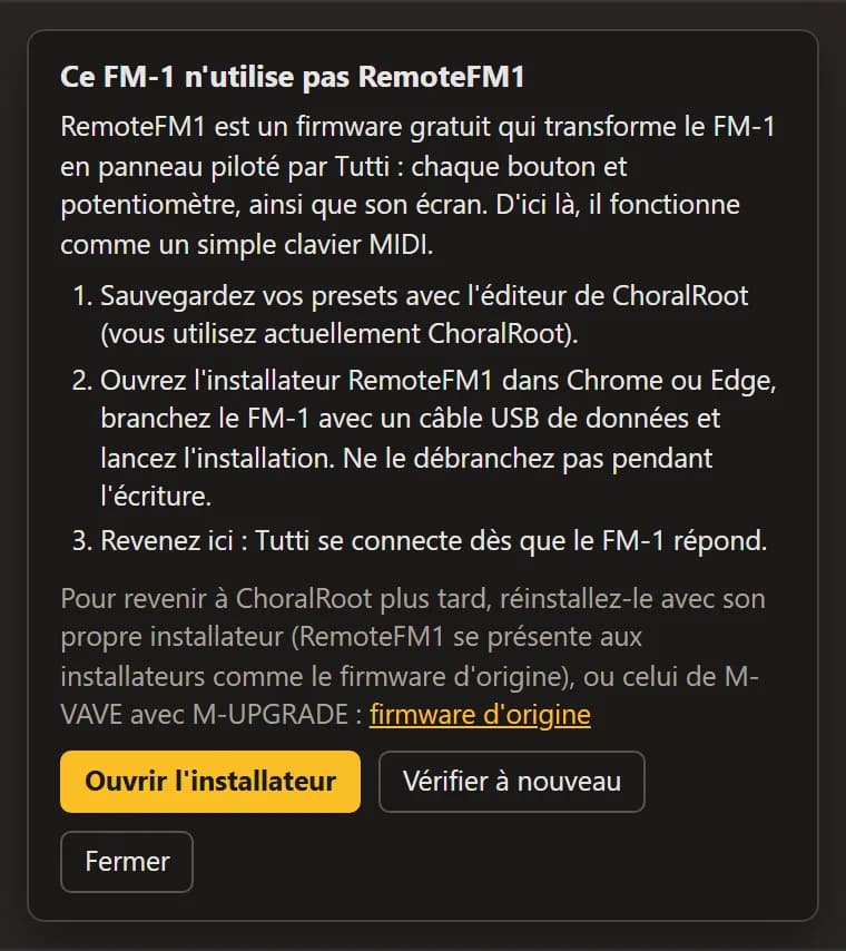 La carte d'un FM-1 qui n'utilise pas RemoteFM1 : trois étapes d'installation, comment revenir en arrière, « Ouvrir l'installateur » et « Vérifier à nouveau ».