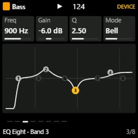 شاشة TuttiDAW لجهاز FM-1 (جهاز مُحاكى): EQ Eight مع تحديد النطاق 3 على المنحنى، وFreq وGain وQ وMode على المقابض الأربعة.