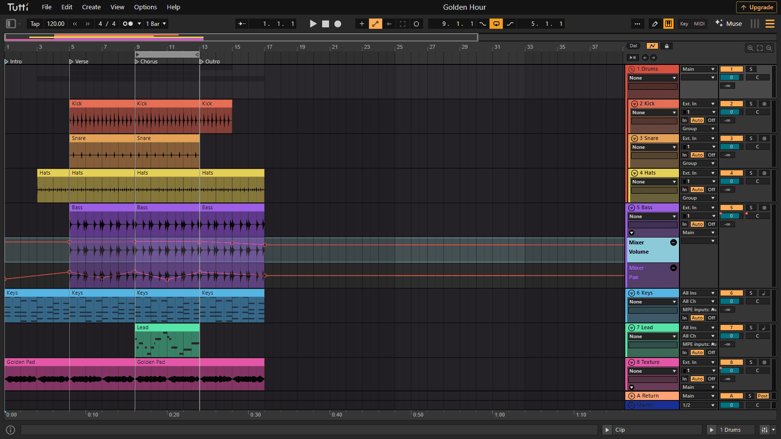 Automate everything — Draw volume and pan envelopes in Live-style automation lanes, per track and per device parameter.