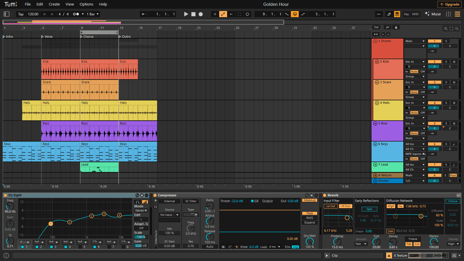 Mix with a real device chain — EQ Eight, Compressor and Reverb chained on one track, with live curves, spectrum and gain reduction meters.