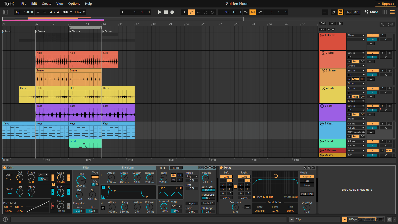 Instruments included — Drift, Operator, Wavetable and more — Live-style synth engines running entirely in your browser.