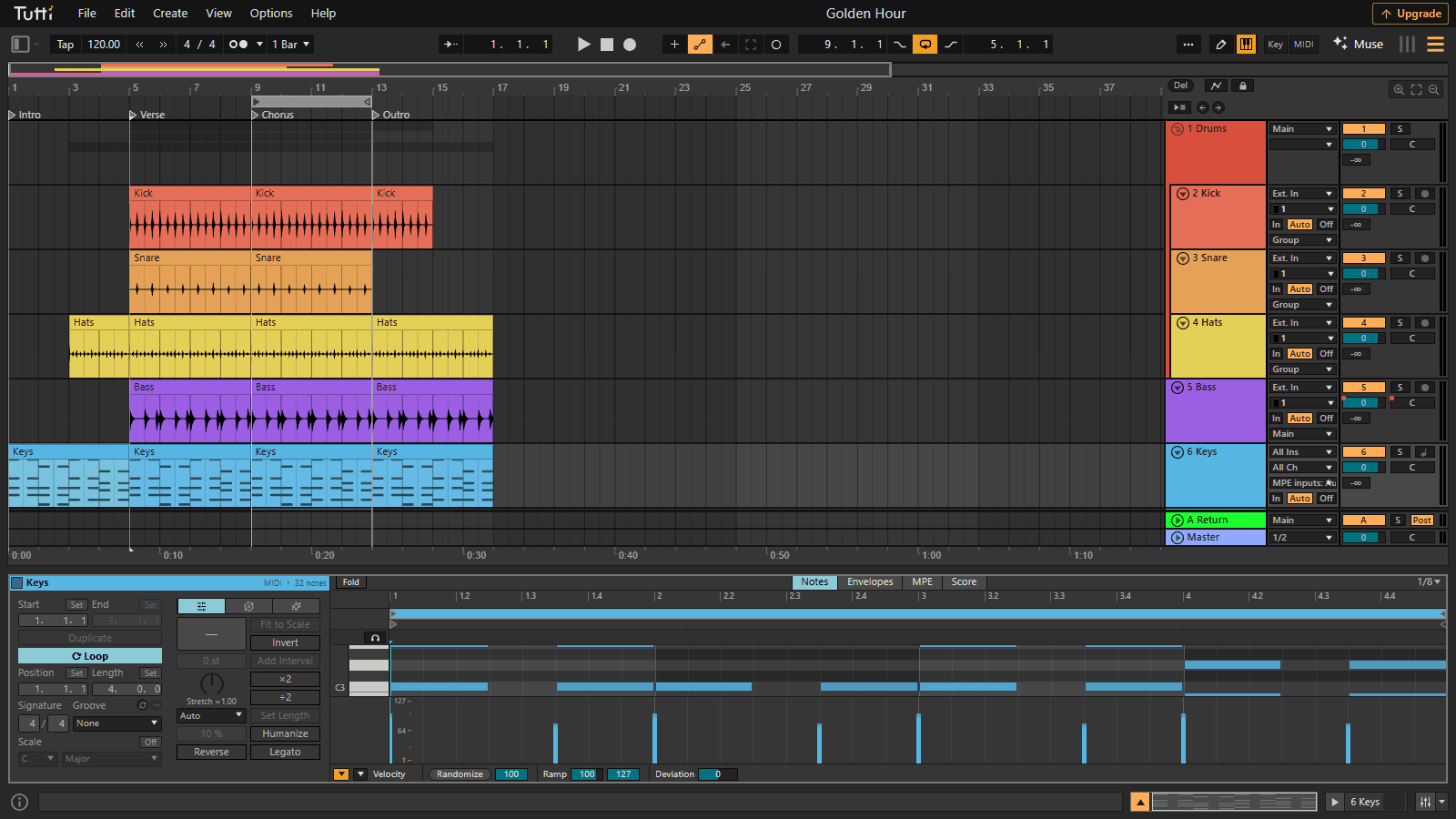 A full piano roll in your browser — Draw and stretch MIDI notes on an adaptive grid, shape velocities, and hear them on built-in instruments.