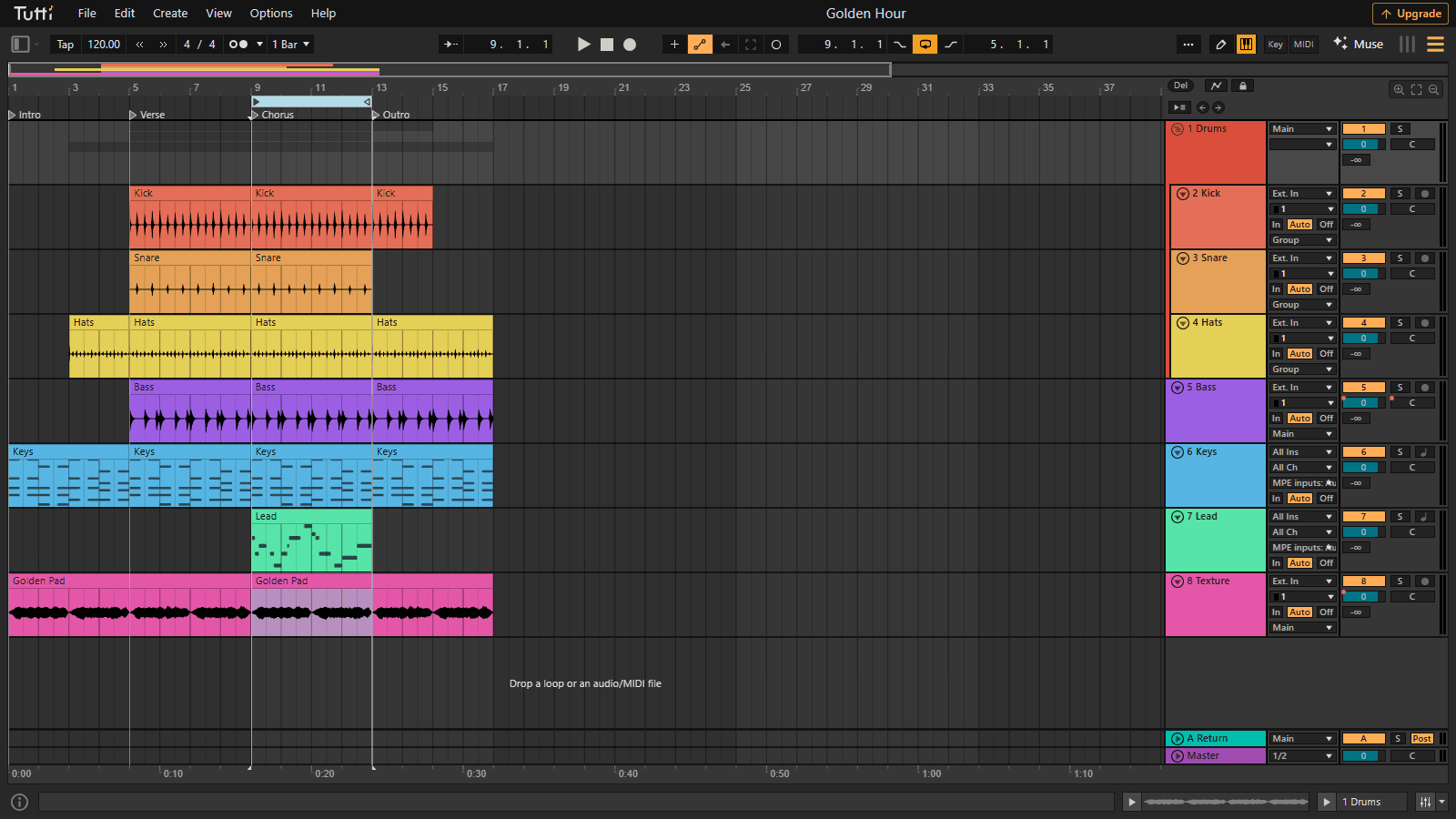 Arrange with groups and locators — Fold your drums into a group track, mark sections with locators, and loop the chorus while you work.