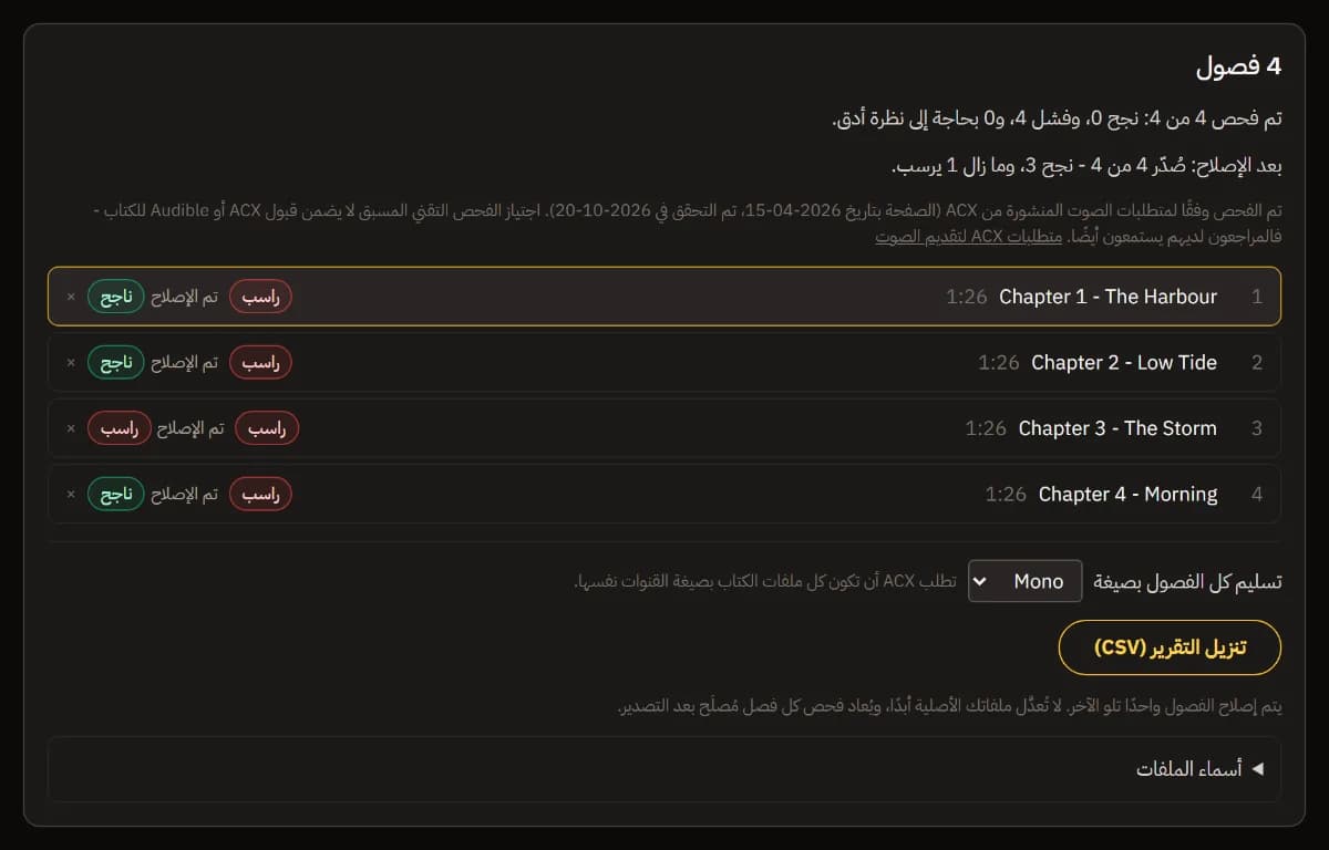 الفصول الأربعة مُصلحة: ثلاثة تنجح في إعادة الفحص والفصل المتشبّع ما زال يرسب، مع ملخص ما بعد الإصلاح وتنزيل التقرير (CSV).